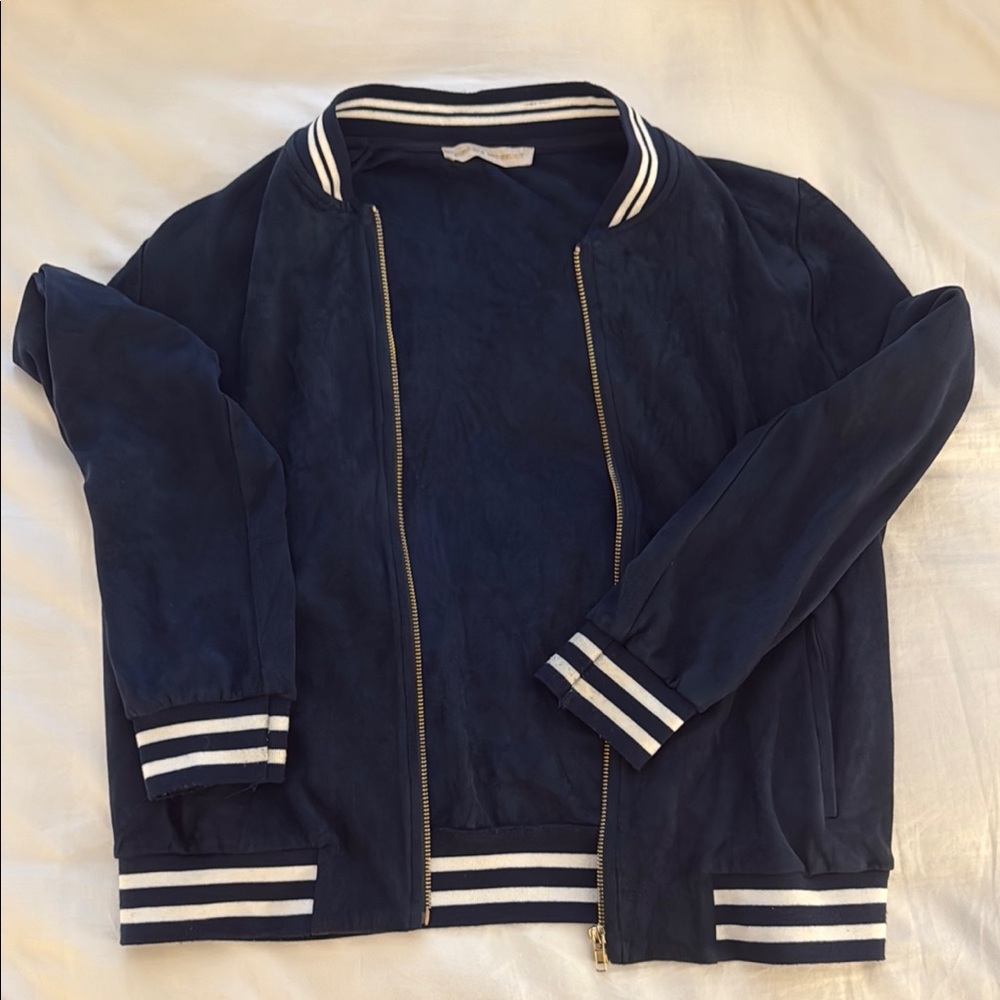 Navy Blue Suede Thin Bomber Jacket with White Stripes
